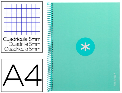[2161813] ANTARTIK - Cuaderno espiral liderpapel A4 micro tapa forrada 80h 90 gr cuadro 5mm 1 banda 4 taladros menta (Ref. KB23)