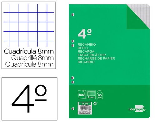 [2029678] LIDERPAPEL - RECAMBIO CUARTO 100 HOJAS 60G/M2 CUADRO 8MM CON MARGEN 6 TALADROS (Ref.RC08)