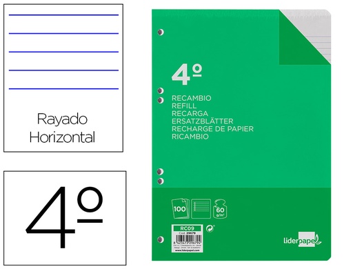 [2029679] LIDERPAPEL - RECAMBIO CUARTO 100 HOJAS 60G/M2 HORIZONTAL CON MARGEN 6 TALADROS (Ref.RC09)
