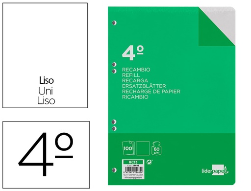 [2029682] LIDERPAPEL - RECAMBIO CUARTO 100 HOJAS 60G/M2 LISO SIN MARGEN 6 TALADROS (Ref.RC13)