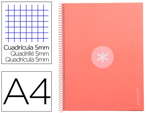 [2161814] ANTARTIK - Cuaderno espiral liderpapel A4 micro tapa forrada 80h 90 gr cuadro 5mm 1 banda 4 taladros rosa claro (Ref. KB24)