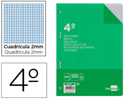 [2029681] LIDERPAPEL - RECAMBIO CUARTO 100 HOJAS 60G/M2 MILIMETRADO SIN MARGEN 6 TALADROS (Ref.RC12)