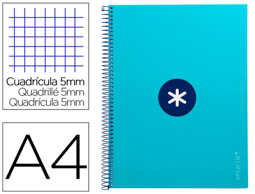 [2161816] ANTARTIK - Cuaderno espiral liderpapel A4 micro tapa forrada 80h 90 gr cuadro 5mm 1 banda 4 taladros turquesa (Ref. KB26)