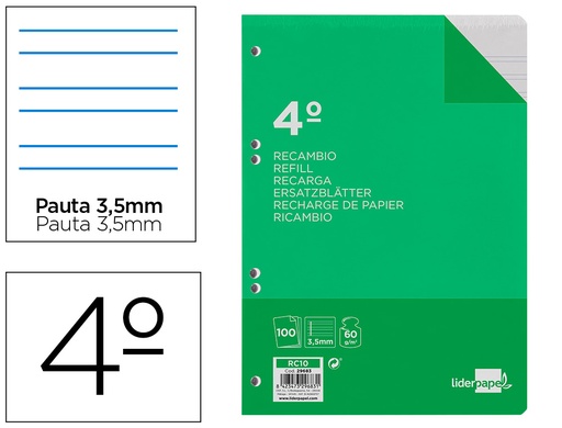 [2029683] LIDERPAPEL - RECAMBIO CUARTO 100 HOJAS 60G/M2 PAUTA 4ª 3.5MM CON MARGEN 6 TALADROS (Ref.RC10)