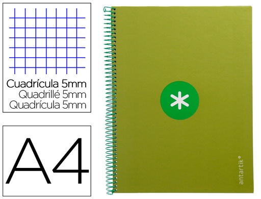 [2161812] ANTARTIK - Cuaderno espiral liderpapel A4 micro tapa forrada 80h 90 gr cuadro 5mm 1 banda 4 taladros verde (Ref. KB22)