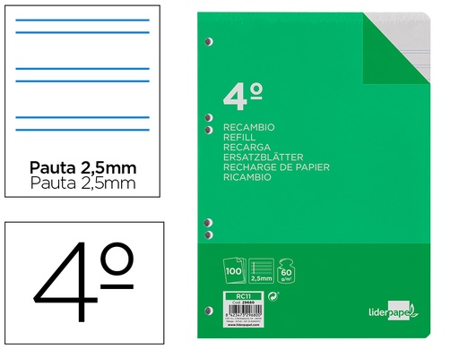 [2029680] LIDERPAPEL - RECAMBIO CUARTO 100 HOJAS 60G/M2 PAUTA 5ª 2.5MM CON MARGEN 6 TALADROS (Ref.RC11)