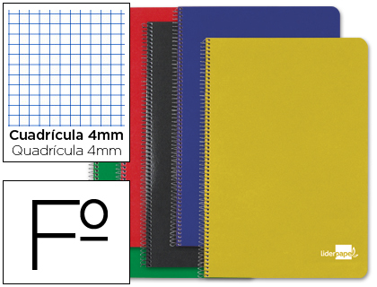 [2048679] LIDERPAPEL - CUADERNO ESPIRAL FOLIO TAPA DURA 80H 60 GR CUADRO 4MM CON MARGEN COLORES SURTIDOS (Ref.BF25)