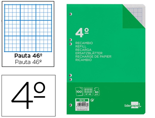 [2054538] LIDERPAPEL - RECAMBIO CUARTO 100 HOJAS 60G/M2 RAYADO Nº 46 6 TALADROS (Ref.RC19)