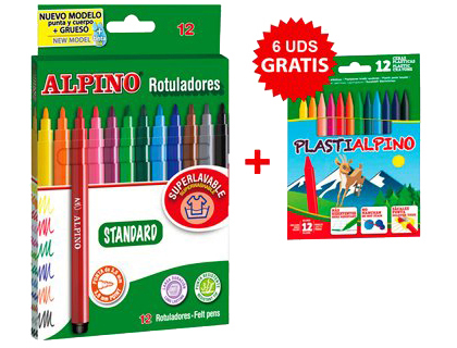 [2064821] ALPINO - Rotuladores standard 12 colores pack promo 12 cajas rotuladores + 6 cajas lapices plasti 12 (Ref. AR000269)