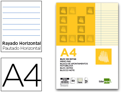 [2022550] LIDERPAPEL - BLOC NOTAS HORIZONTAL A4 50 HOJAS AMARILLAS 60G/M2 ENCOLADO (Ref.PR03)
