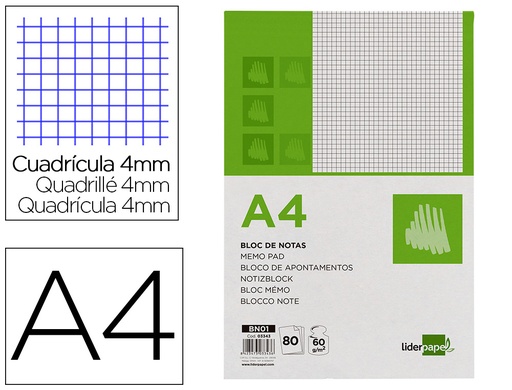 [2003343] LIDERPAPEL - BLOC NOTAS CUADRO 4MM A4 80 HOJAS 60G/M2 (Ref.BN01)
