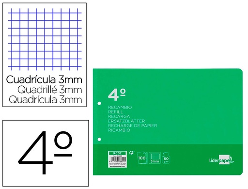 [2008811] LIDERPAPEL - RECAMBIO CUARTO APAISADO 100 H 2TCA-06 CUADRO 3 MM 2 TALADROS CON MARGEN (Ref.RC02)