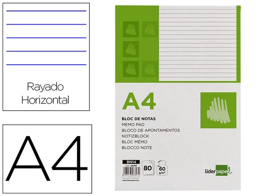 [2048397] LIDERPAPEL - BLOC NOTAS HORIZONTAL A4 80 HOJAS 60G/M2 (Ref.BN14)