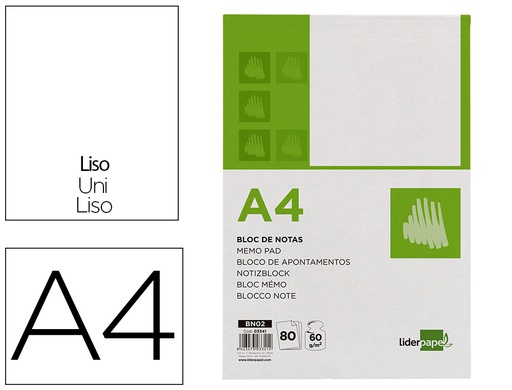 [2003341] LIDERPAPEL - BLOC NOTAS LISO A4 80 HOJAS 60G/M2 (Ref.BN02)