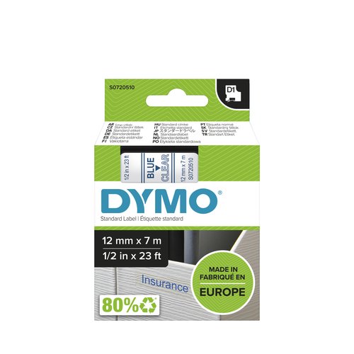 [9018603] DYMO - Cintas D1 Rotulacion 12mmX7m Azul/transparente Adhesivo permanente (Ref.S0720510)