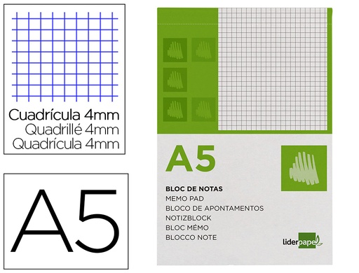 [2003321] LIDERPAPEL - BLOC NOTAS CUADRO 4MM A5 80 HOJAS 60G/M2 PERFORADO (Ref.BN03)