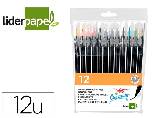[2009922] LIDERPAPEL - Rotulador punta pincel extra suave estuche 12 unidades colores surtidos (Ref. RT16)