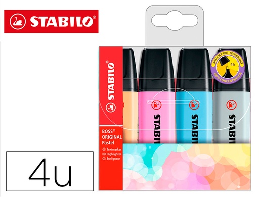 [2161919] STABILO - Rotulador boss fluorescente 70 pastel estuche de 4 unidades colores nuevos 2021 surtidos (Ref. 70/4-4)