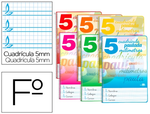 [2058579] LIDERPAPEL - CUADERNO ESPIRAL FOLIO PAUTAGUIA TAPA BLANDA 80H 80 GR CUADRO PAUTADO 5MM CON MARGEN COLORES SURTIDOS (Ref.BF63)