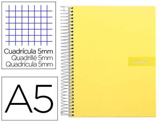 [2009549] LIDERPAPEL - Cuaderno espiral a5 micro crafty tapa forrada 120h 90 gr cuadro 5mm 5 bandas6 taladros color amarillo (Ref. BJ71)