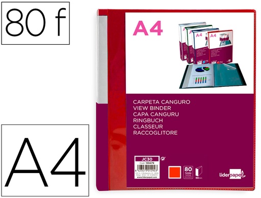 [2159479] LIDERPAPEL - Carpeta 80 fundas canguro pp din A4 rojo translucido portada y lomo personalizable (Ref. JC30)