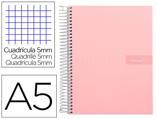 [2009648] LIDERPAPEL - Cuaderno espiral a5 micro crafty tapa forrada 120h 90 gr cuadro 5mm 5 bandas6 taladros color rosa (Ref. BJ75)