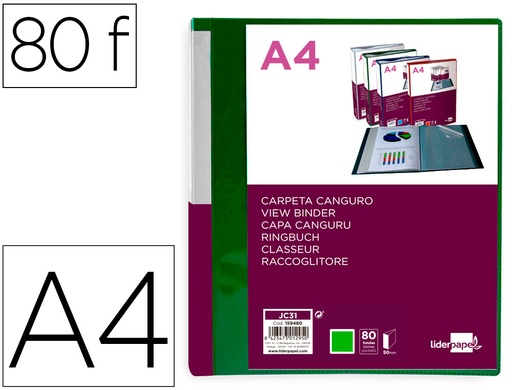 [2159480] LIDERPAPEL - Carpeta 80 fundas canguro pp din A4 verde translucido portada y lomo personalizable (Ref. JC31)
