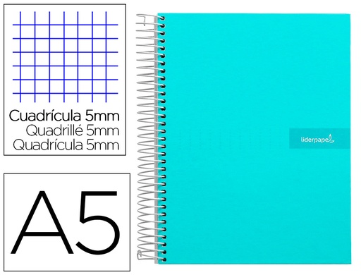 [2009550] LIDERPAPEL - Cuaderno espiral a5 micro crafty tapa forrada 120h 90 gr cuadro 5mm 5 bandas6 taladros color turquesa (Ref. BJ72)