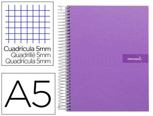 [2009552] LIDERPAPEL - Cuaderno espiral a5 micro crafty tapa forrada 120h 90 gr cuadro 5mm 5 bandas6 taladros color violeta (Ref. BJ73)