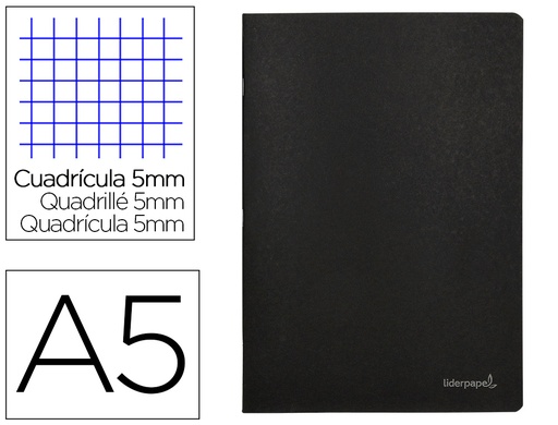 [2054415] LIDERPAPEL - LIBRETA TAPA NEGRA A5 80 HOJAS 60G/M2 CUADRO 5MM CON DOBLE MARGEN (Ref.LA17)