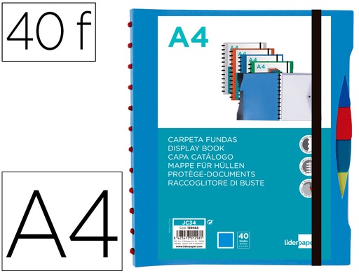 [2159483] LIDERPAPEL - Carpeta A4 con 40 fundas intercambiables 5 sep sobre y gomilla portada y lomo personalizable azul (Ref. JC34)