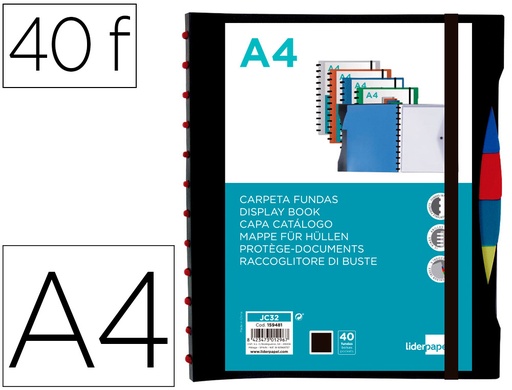 [2159481] LIDERPAPEL - Carpeta A4 con 40 fundas intercambiables 5 sep sobre y gomilla portada y lomo personalizable negro (Ref. JC32)