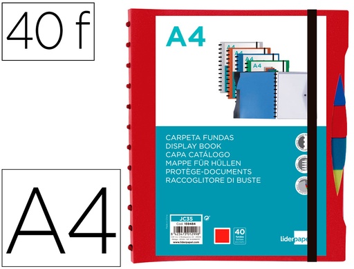 [2159484] LIDERPAPEL - Carpeta A4 con 40 fundas intercambiables 5 sep sobre y gomilla portada y lomo personalizable rojo (Ref. JC35)