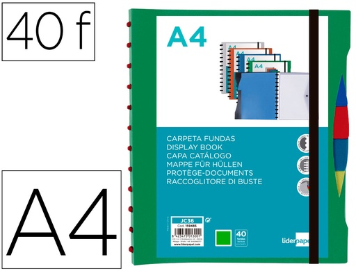 [2159485] LIDERPAPEL - Carpeta A4 con 40 fundas intercambiables 5 sep sobre y gomilla portada y lomo personalizable verde (Ref. JC36)