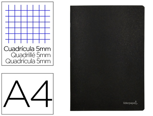 [2054412] LIDERPAPEL - LIBRETA TAPA NEGRA A4 80 HOJAS 60G/M2 CUADRO 5MM CON DOBLE MARGEN (Ref.LA14)