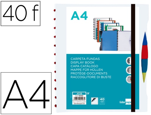 [2159482] LIDERPAPEL - Carpeta A4 con 40 fundas intercambiables 5 sep sobre y gomilla portada y lomopersonalizable transparente (Ref. JC33)