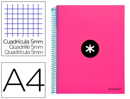 [2074586] ANTARTIK - CUADERNO ESPIRAL LIDERPAPEL A4 MICRO TAPA FORRADA 120H 100 GR CUADRO5MM 5 BANDAS 4 TALADROS COLOR ROSA (Ref.KD25)