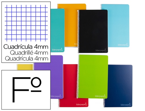 [2011451] LIDERPAPEL - Cuaderno espiral folio witty tapa dura 140h 75gr cuadro 4mm con margen colores surtidos (Ref. BJ83)