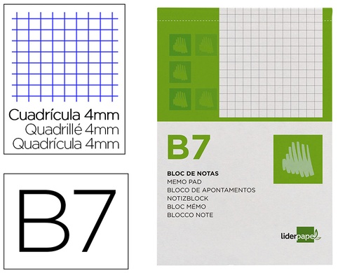 [2010438] LIDERPAPEL - BLOC NOTAS CUADRO 4MM B7 80 HOJAS 60G/M2 PERFORADO (Ref.BN07)