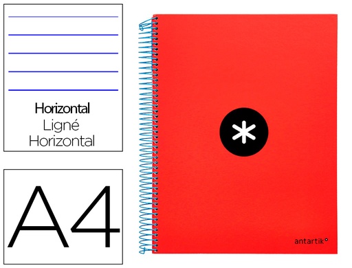 [2074543] ANTARTIK - CUADERNO ESPIRAL LIDERPAPEL A4 MICRO TAPA FORRADA 120H 100 GR HORIZONTAL 5 BANDAS 4 TALADROS COLOR ROJO (Ref.KD02)