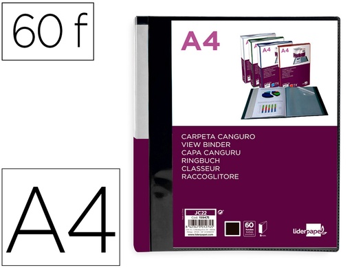 [2159471] LIDERPAPEL - Carpeta 60 fundas canguro pp din A4 negro opaco portada y lomo personalizable (Ref. JC22)