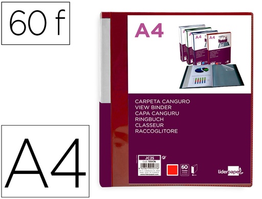 [2159474] LIDERPAPEL - Carpeta 60 fundas canguro pp din A4 rojo translucido portada y lomo personalizable (Ref. JC25)