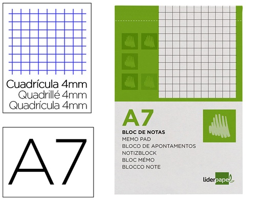 [2002608] LIDERPAPEL - BLOC NOTAS CUADRO 4MM A7 80 HOJAS 60G/M2 PERFORADO (Ref.BN09)