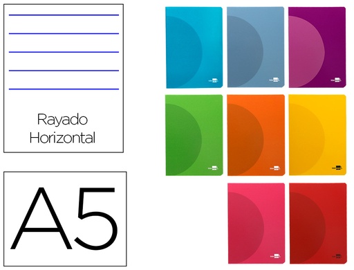 [2005162] LIDERPAPEL - LIBRETA 360 TAPA DE PLASTICO A5 48 HOJAS 90G/M2 HORIZONTAL CON MARGEN COLORES SURTIDOS (Ref.LF15)