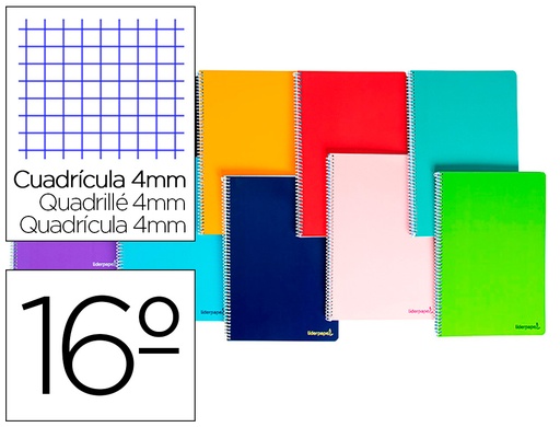[2009864] LIDERPAPEL - CUADERNO ESPIRAL BOLSILLO DIECISEISAVO WRITE TAPA BLANDA 80H 60 GR CUADRO 4MM COLORES SURTIDOS (Ref.BQ04)