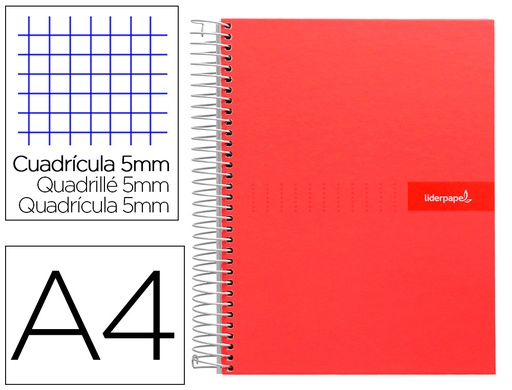 [2009973] LIDERPAPEL - CUADERNO ESPIRAL A4 MICRO MULTILIDER TAPA FORRADA 140H 70G CUADRO 5MM 5 BANDAS 4 TALADROS ROJO (Ref.BA06)