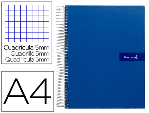 [2009975] LIDERPAPEL - CUADERNO ESPIRAL A4 MICRO MULTILIDER TAPA FORRADA 140H 80 GR CUADRO 5MM 5 BANDAS 4 TALADROS AZUL (Ref.BA05)