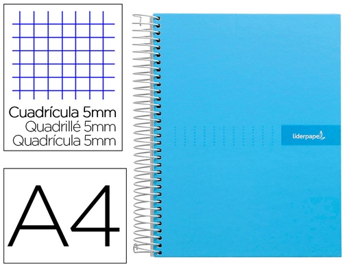 [2009970] LIDERPAPEL - CUADERNO ESPIRAL A4 MICRO MULTILIDER TAPA FORRADA 140H 80 GR CUADRO 5MM 5 BANDAS 4 TALADROS CELESTE (Ref.BA57)