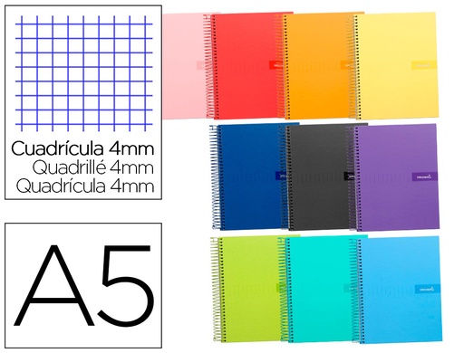 [2009243] LIDERPAPEL - Cuaderno espiral a5 crafty tapa forrada 80h 90 gr cuadro 4 mm con margen colores surtidos (Ref. BC79)