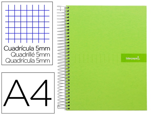 [2009974] LIDERPAPEL - CUADERNO ESPIRAL A4 MICRO MULTILIDER TAPA FORRADA 140H 80 GR CUADRO 5MM 5 BANDAS 4 TALADROS VERDE (Ref.BA07)